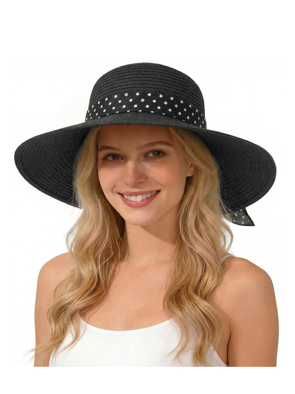 Sun Beach Straw Hats for Women, Summer Wide Brim Hat | Floppy | Black | Size XL